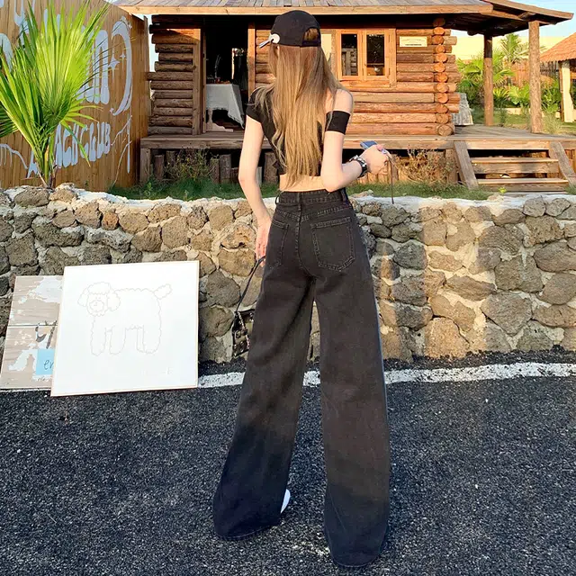 玫丝朵 美式复古高街风黑白撞色设计高腰宽松阔腿直筒拖地牛仔裤 女款