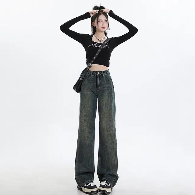 玫丝朵 美式复古百搭高腰宽松阔腿长裤牛仔裤 女款 洗水黄