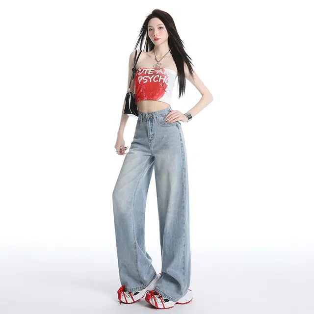 玫丝朵 美式复古直筒高腰宽松牛仔裤 女款
