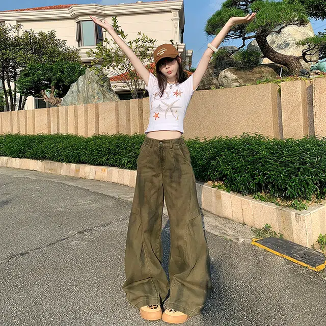 玫丝朵 美式复古宽松弯刀裤高腰阔腿牛仔裤 女款