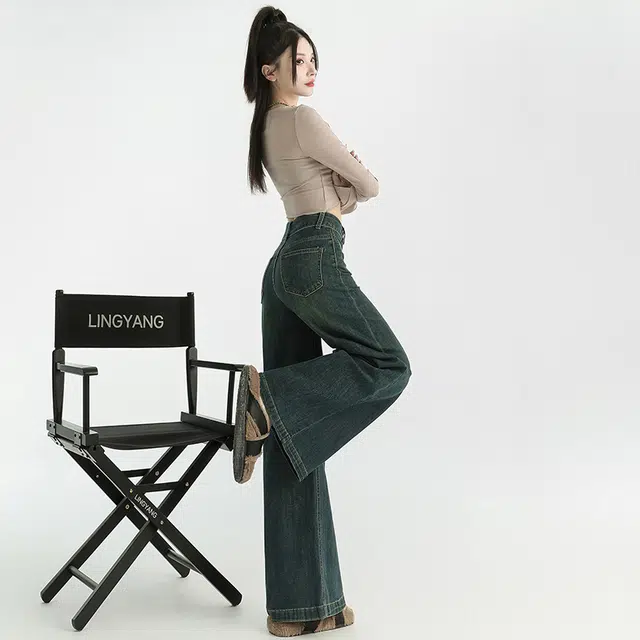 玫丝朵 美式复古辣妹风百搭舒双扣高腰宽松显瘦阔腿拖地牛仔裤 女款