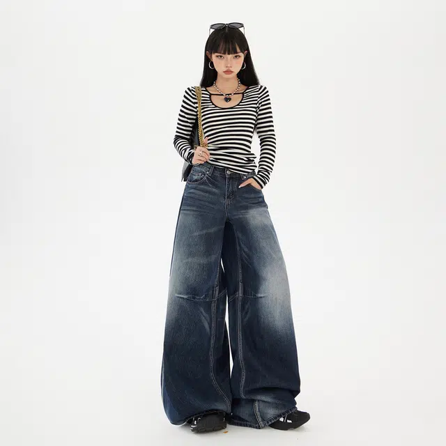 玫丝朵 美式复古高腰宽松阔腿裤弯刀裤百搭渐变猫纹垂感牛仔裤 女款