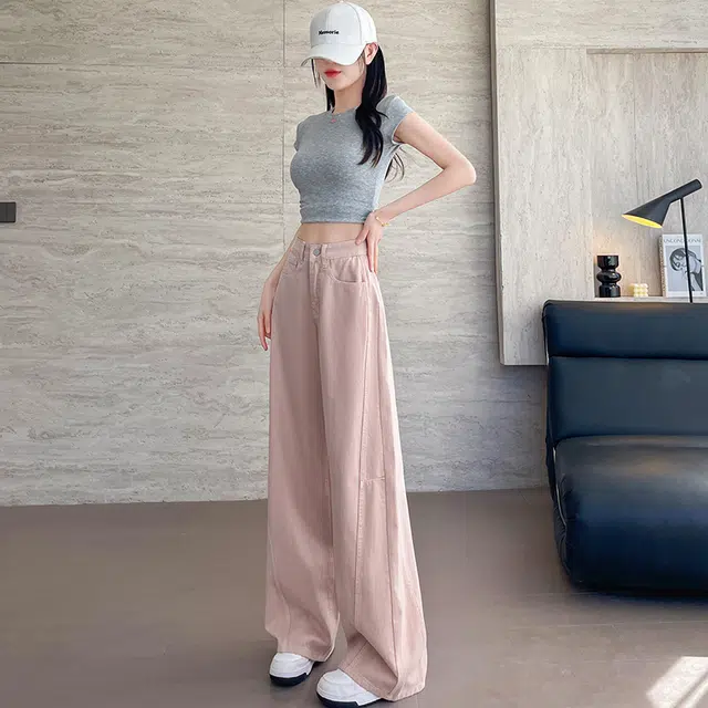 玫丝朵 美式复古弯刀设计感阔腿高腰垂感宽松直筒裤牛仔裤 女款