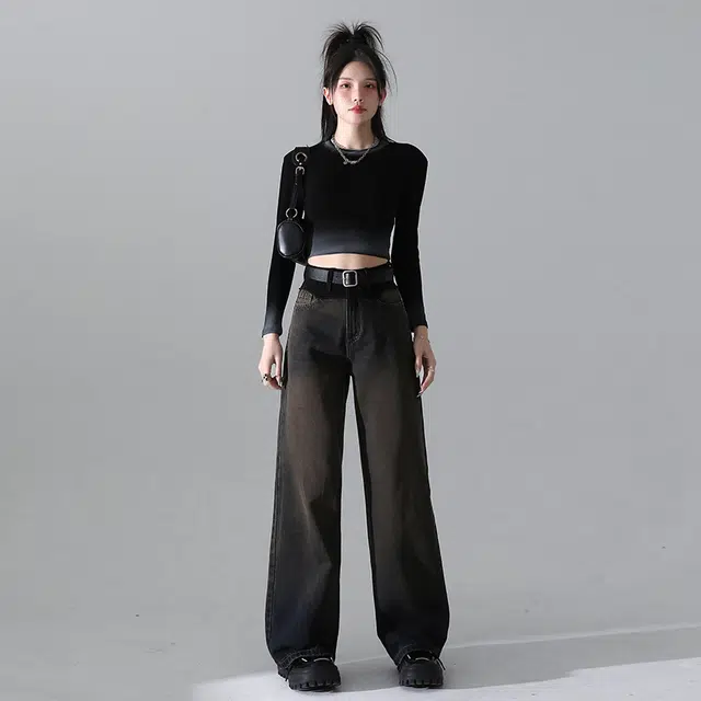 玫丝朵 美式复古高腰宽松直筒水洗做旧牛仔裤 女款 灰咖色