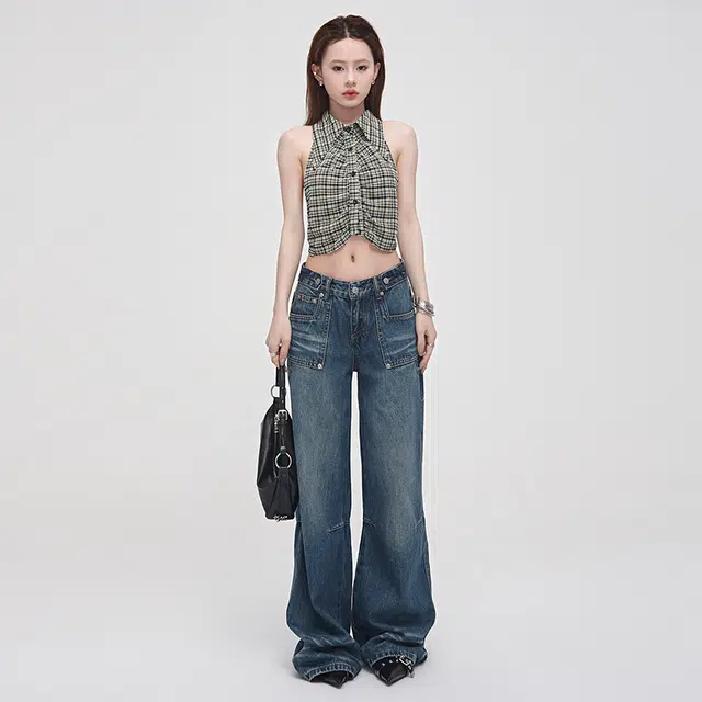 玫丝朵 复古水洗高腰牛仔裤 女款 波浪蓝