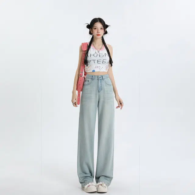 玫丝朵 做旧高腰拉链垂感宽松透气阔腿牛仔裤 女款 怀旧蓝