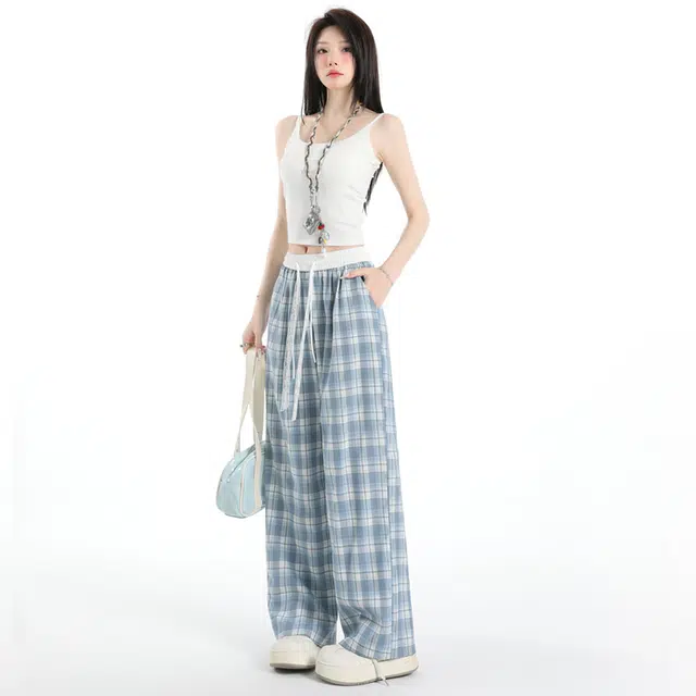 玫丝朵 美式新潮简约纹格设计松紧高腰宽松阔腿休闲裤 女款
