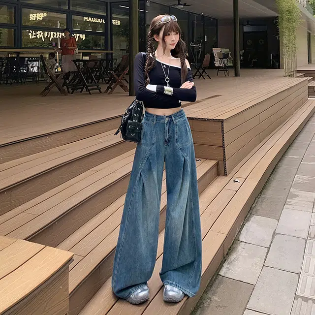 玫丝朵 美式复古辣妹宽松褶皱设计阔腿时尚百搭休闲直筒舒适牛仔裤 女款