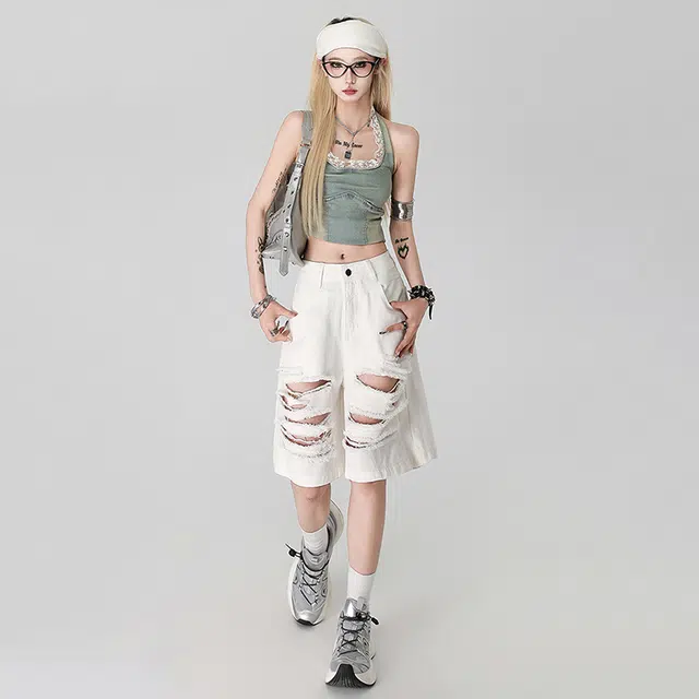 玫丝朵 美式小众破洞设计百搭时尚五分裤牛仔短裤 女款