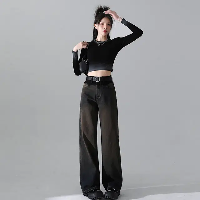 玫丝朵 美式复古高腰宽松直筒水洗做旧牛仔裤 女款 灰咖色