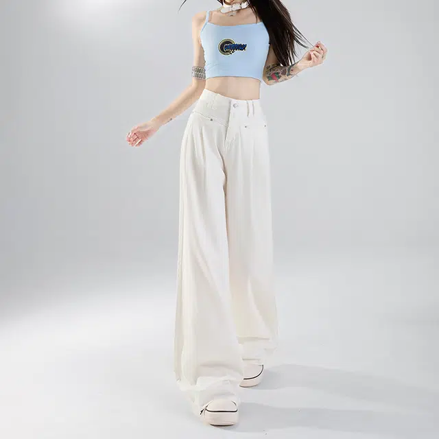 玫丝朵 美式纯色简约设计宽松百搭阔腿牛仔裤 女款