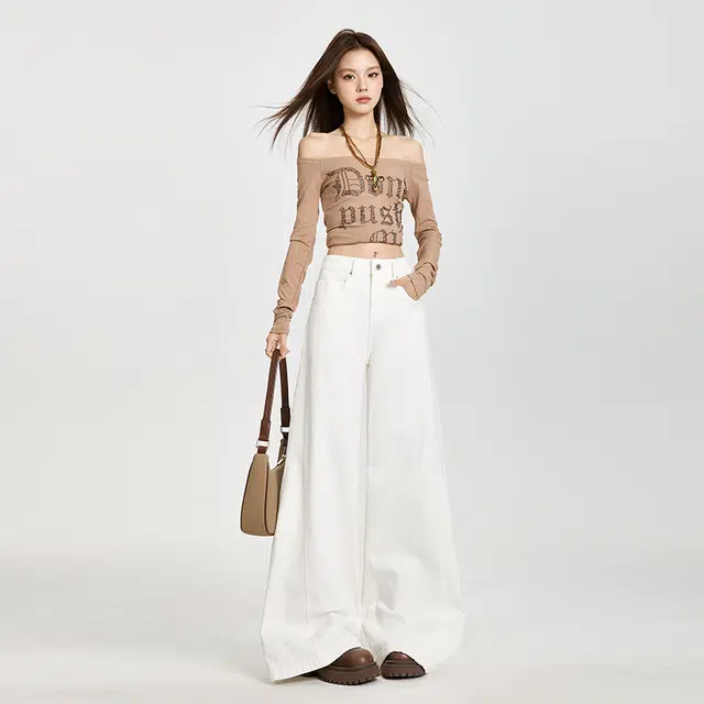 玫丝朵 韩系新潮慵懒风通勤百搭简约立体裁剪侧口袋时髦高腰宽松阔腿牛仔裤 女款