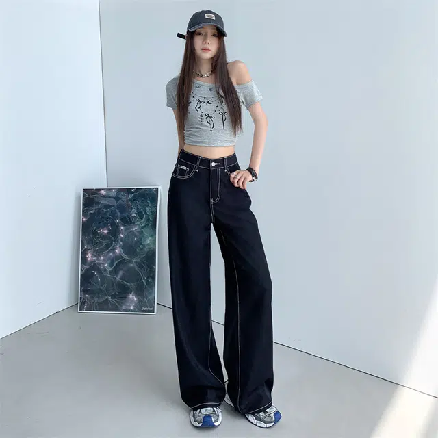 玫丝朵 阔腿高腰垂感薄款宽松百搭牛仔裤  女款