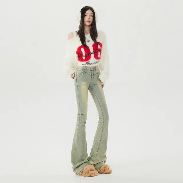 玫丝朵 美式辣妹修身喇叭高腰设计感牛仔裤 女款