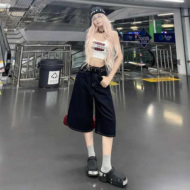 玫丝朵 美式复古高腰宽松阔腿百搭直筒牛仔短裤 女款