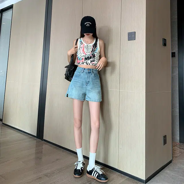 玫丝朵 美式复古小众裤脚设计时尚百搭热裤牛仔短裤 女款
