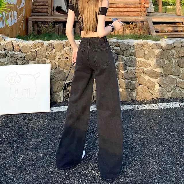 玫丝朵 美式复古高街风黑白撞色设计高腰宽松阔腿直筒拖地牛仔裤 女款