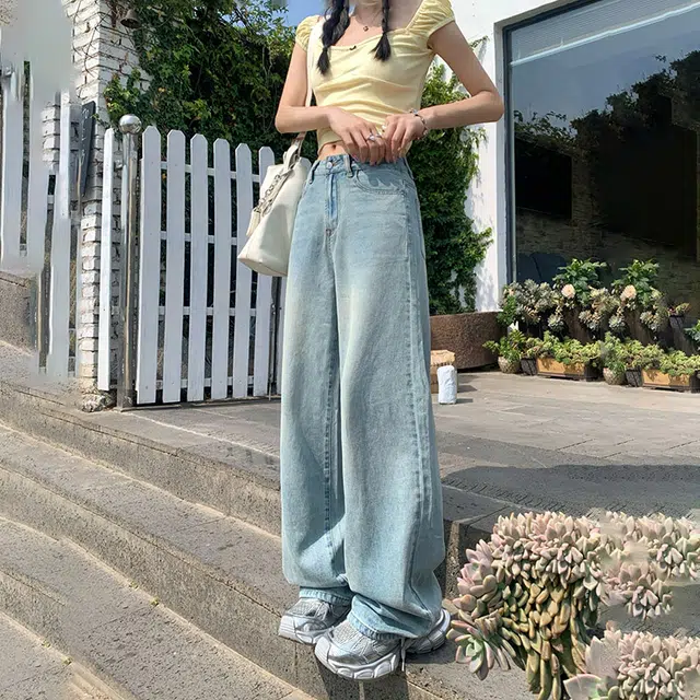 玫丝朵 美式复古做旧设计时尚简约百搭宽松直筒垂感裤子女夏季牛仔裤 女款