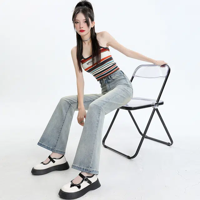 依钗 酷辣美式复古高腰水洗显瘦微喇百搭显腿长牛仔裤 女款