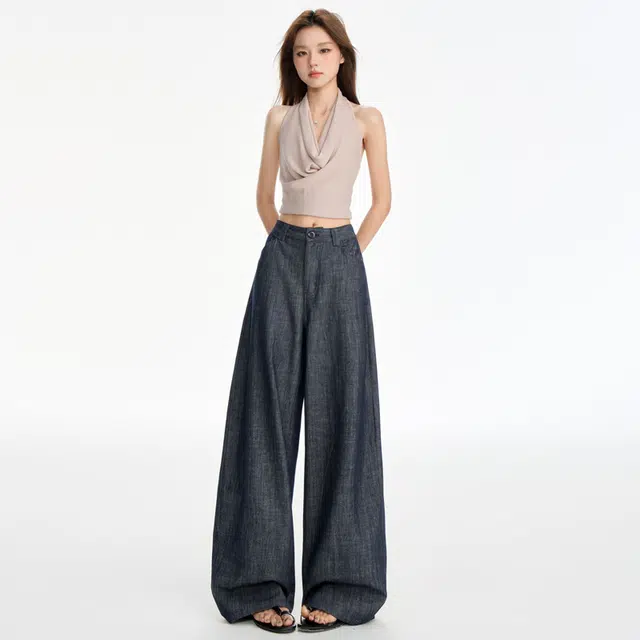 玫丝朵 美式复古弯刀宽松休闲百搭长裤直筒裤拖地裤牛仔裤 女款