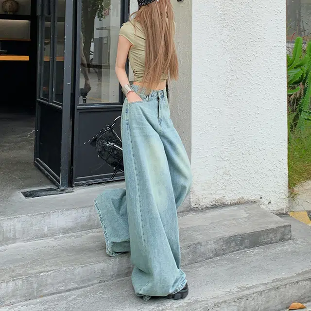 玫丝朵 高腰宽松阔腿设计感休闲百搭拖地牛仔裤 女款 复古甸蓝
