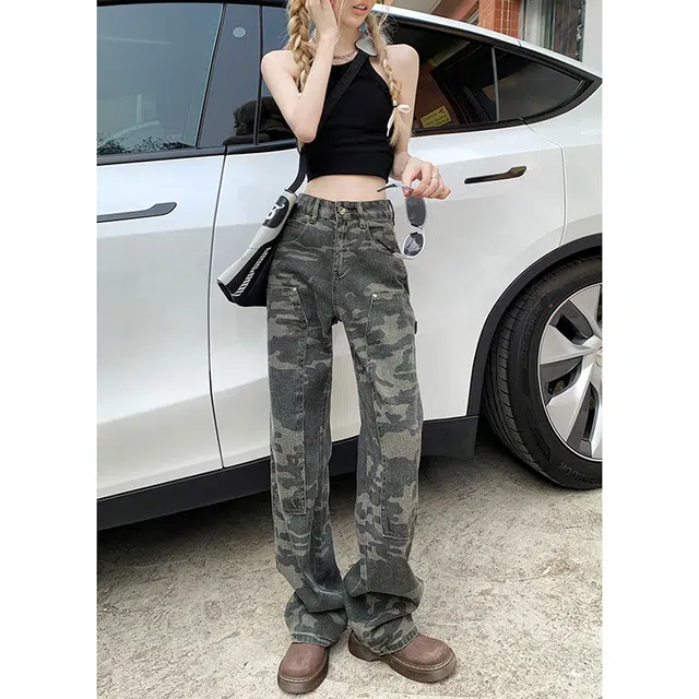 玫丝朵 美式复古高街宽松直筒阔腿工装牛仔裤 女款 迷彩色