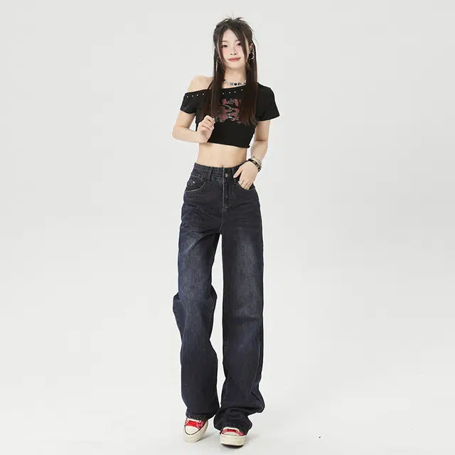 玫丝朵 美式复古高街直筒舒适百搭设计感牛仔裤 女款