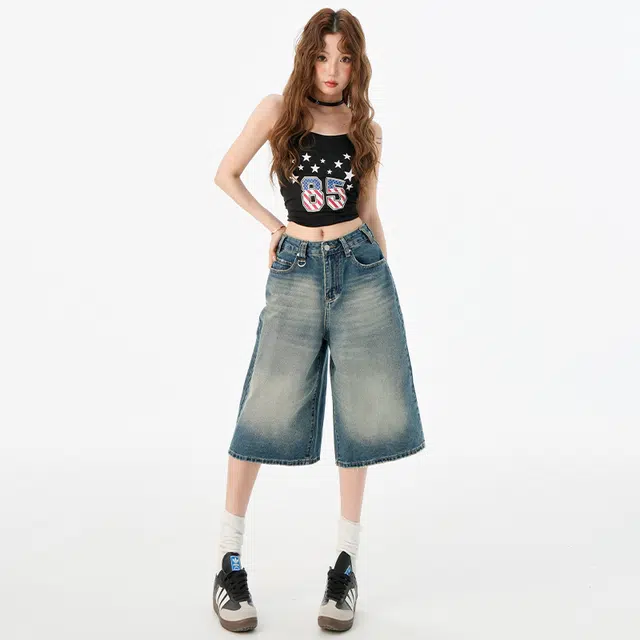 玫丝朵 美式复古七分阔腿高腰宽松显瘦垂感直筒 牛仔短裤 女款