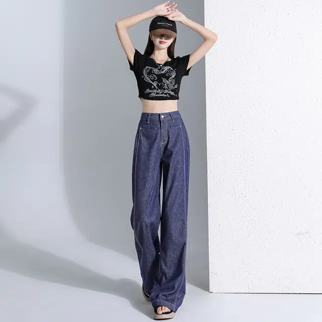 玫丝朵 复古美式宽松高腰直筒设计感显瘦阔腿裤 牛仔裤 女款
