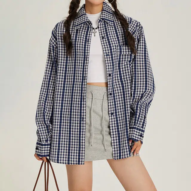 玫丝朵 韩版复古格子设计感百搭宽松长袖衬衫 女款 蓝色