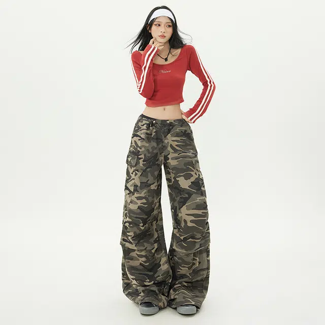 玫丝朵 美式复古口袋工装高街时尚百搭抽绳休闲裤 女款 迷彩
