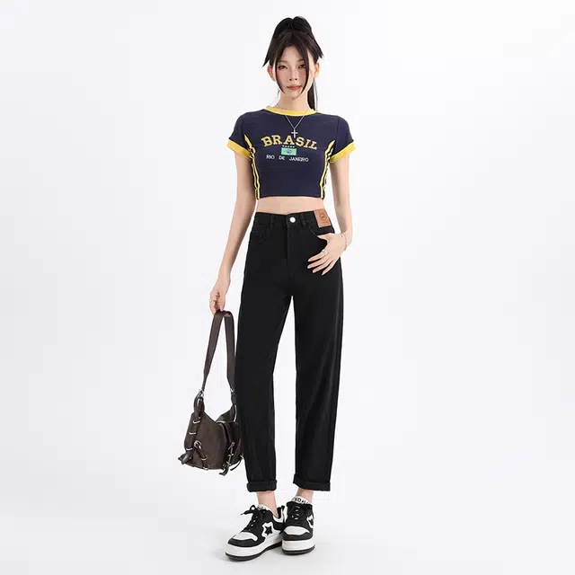 玫丝朵 美式复古水洗高腰宽松遮肉哈伦牛仔裤 女款