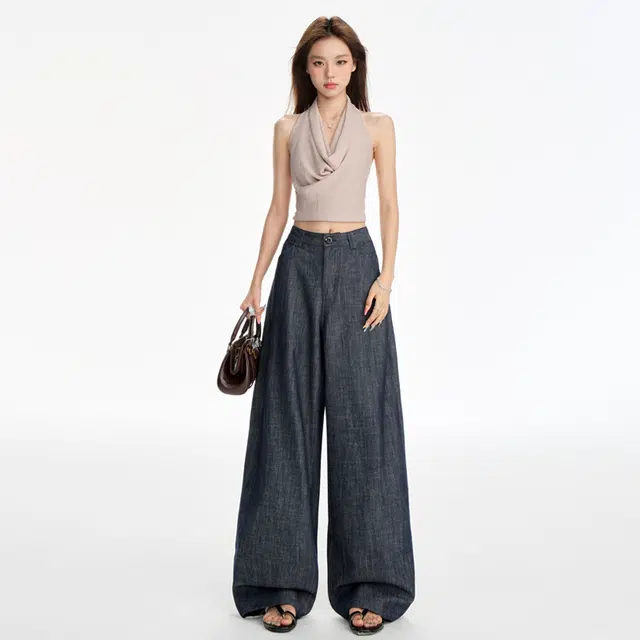 玫丝朵 美式复古弯刀宽松休闲百搭长裤直筒裤拖地裤牛仔裤 女款