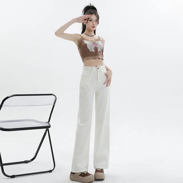 玫丝朵 垂感拖地纯色宽松百搭舒适简约牛仔裤 女款 白色