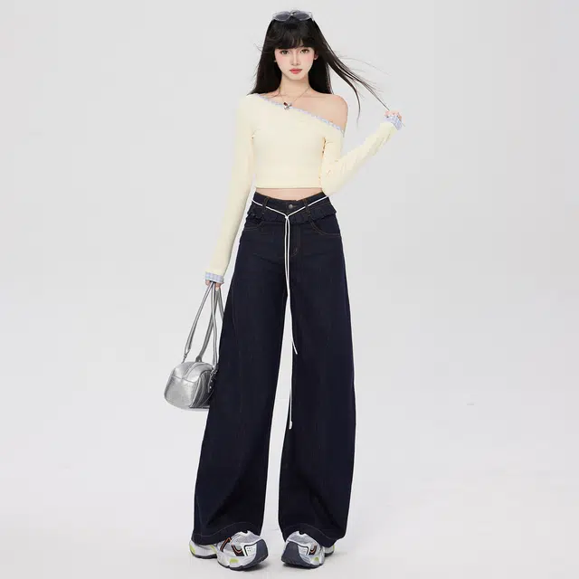 玫丝朵 美式复古拼接设计感高腰宽松显瘦垂感拖地阔腿牛仔裤 女款