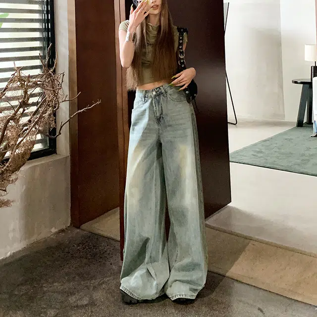 玫丝朵 高腰宽松阔腿设计感休闲百搭拖地牛仔裤 女款 复古甸蓝
