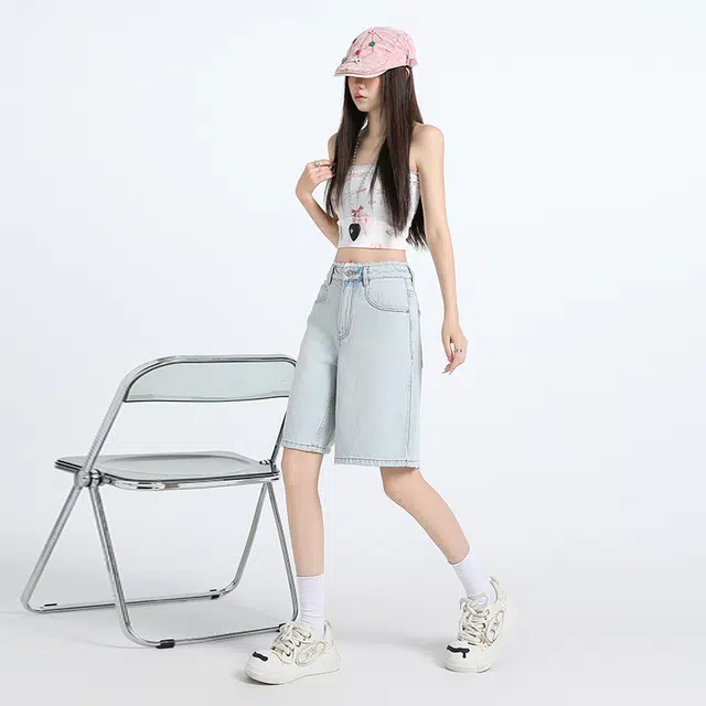 玫丝朵 纯色宽松适中高腰牛仔短裤 女款