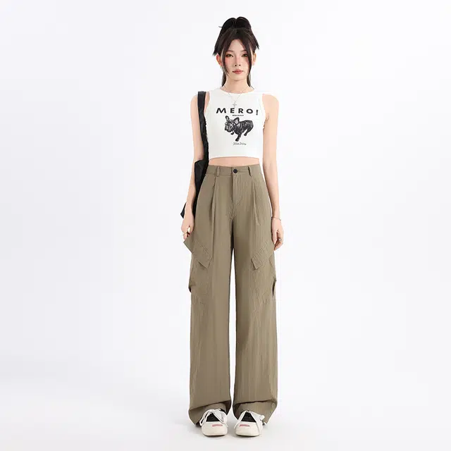 玫丝朵 美式复古街头夏季多巴胺高腰垂感宽松阔腿休闲裤 女款