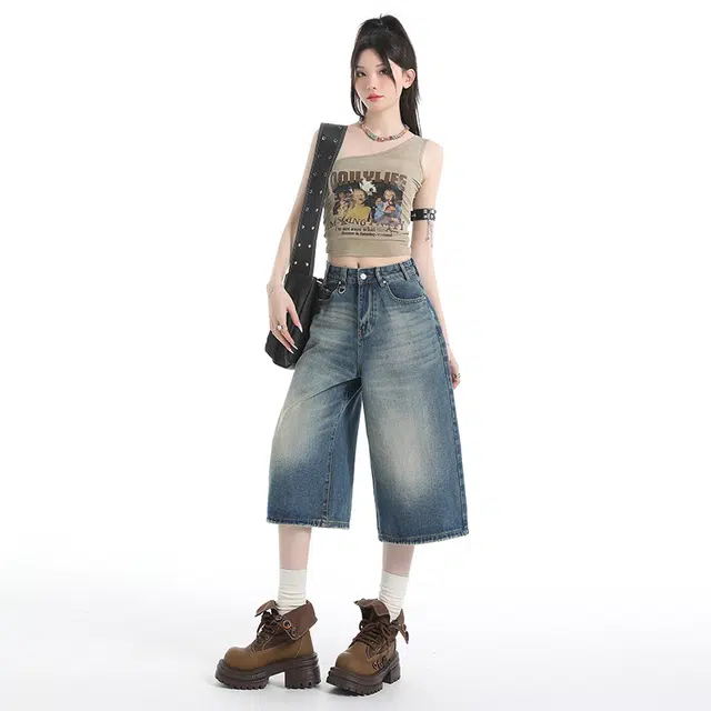 玫丝朵 美式复古设计简约百搭宽松阔腿牛仔裤 女款