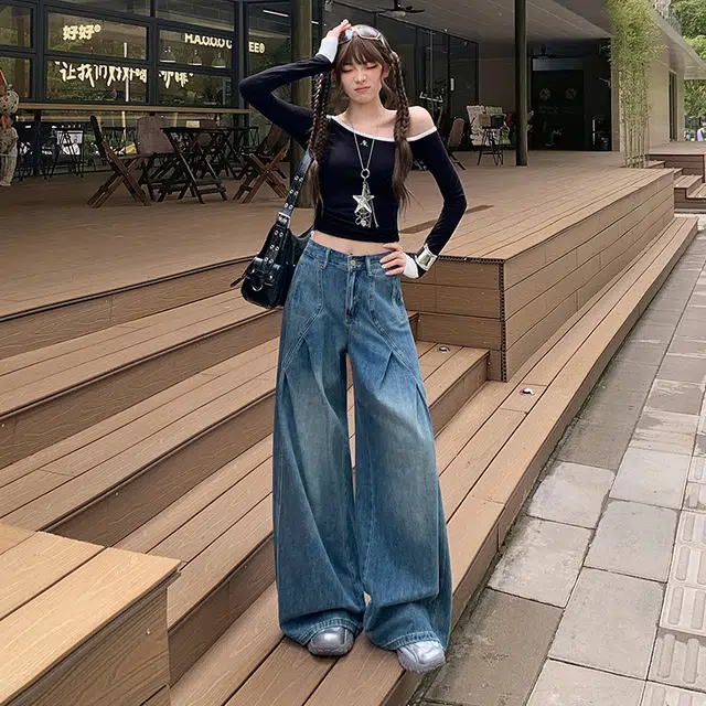 玫丝朵 美式复古辣妹宽松褶皱设计阔腿时尚百搭休闲直筒舒适牛仔裤 女款