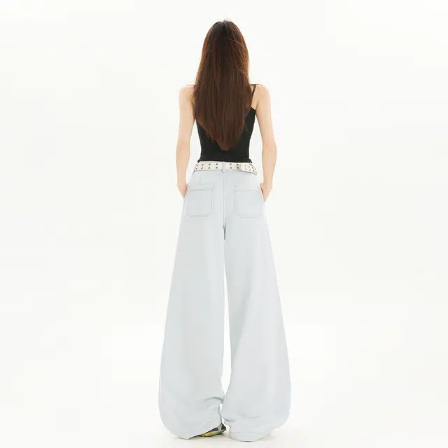 玫丝朵 韩式复古休闲阔腿高腰设计褶皱宽松莱赛尔面料百搭牛仔裤 女款 白灰