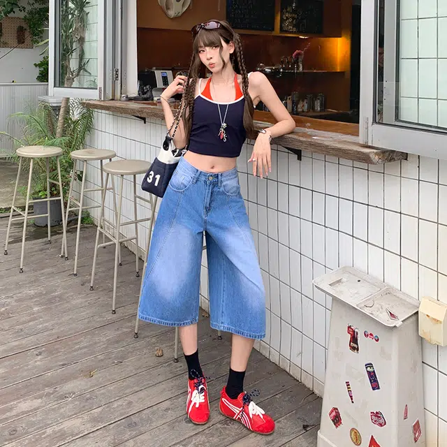 玫丝朵 美式复古高腰宽松舒适七分裤牛仔短裤 女款