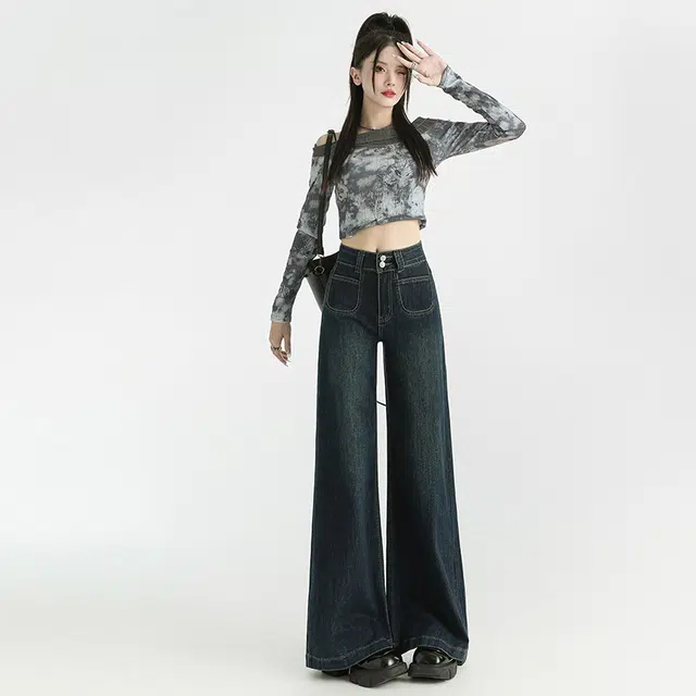 玫丝朵 美式复古辣妹风百搭舒适慵懒双扣高腰宽松显瘦阔腿拖地牛仔裤 女款