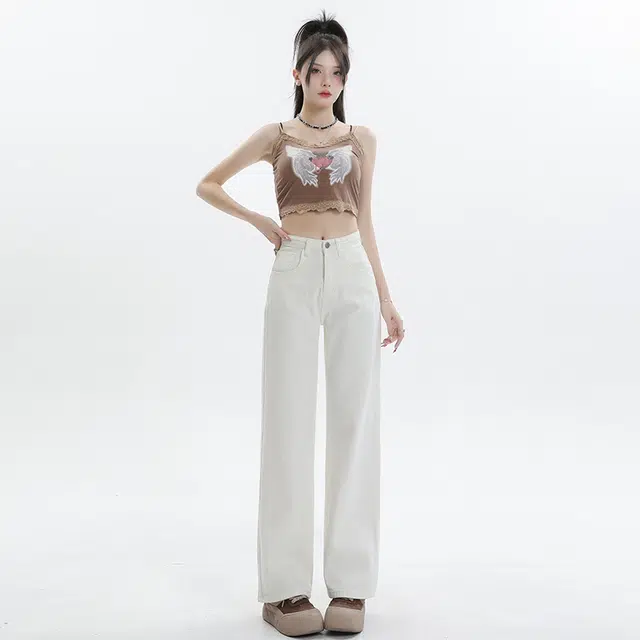 玫丝朵 垂感拖地纯色宽松百搭舒适简约牛仔裤 女款 白色