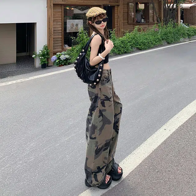玫丝朵 美式复古高腰迷彩设计时尚百搭宽松直筒阔腿牛仔裤 女款