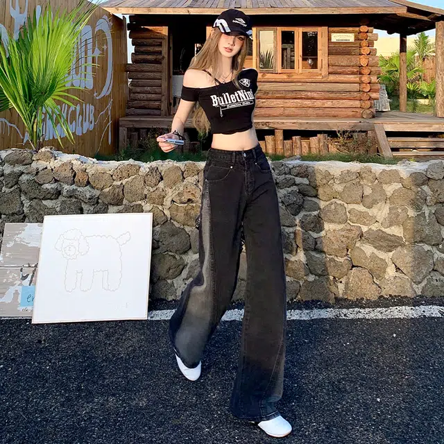 玫丝朵 美式复古高街风黑白撞色设计高腰宽松阔腿直筒拖地牛仔裤 女款