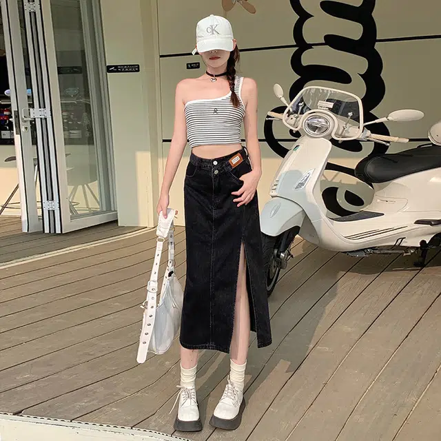 玫丝朵 小众设计感高腰开叉纯色休闲长裙 女款