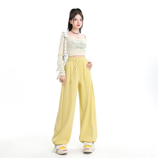 玫丝朵 宽松阔腿裤高腰抽绳束脚休闲裤 女款