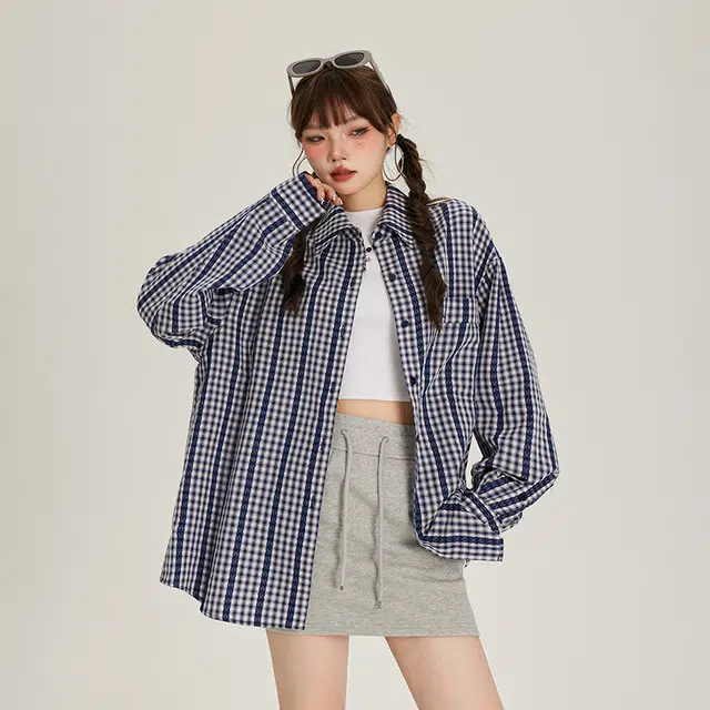 玫丝朵 韩版复古格子设计感百搭宽松长袖衬衫 女款 蓝色