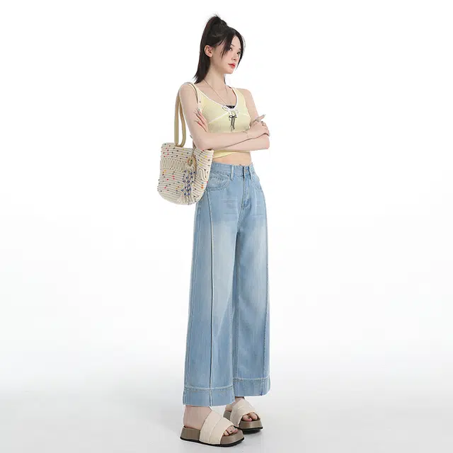 玫丝朵 薄款高腰垂感阔腿裤百搭宽松休闲牛仔裤 女款